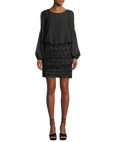 Aidan Mattox Slit-sleeve Mini Dress W/ Fringe Skirt In Black