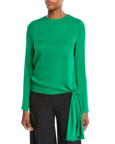 Milly Tie-hem Long-sleeve Stretch-silk Blouse In Emerald