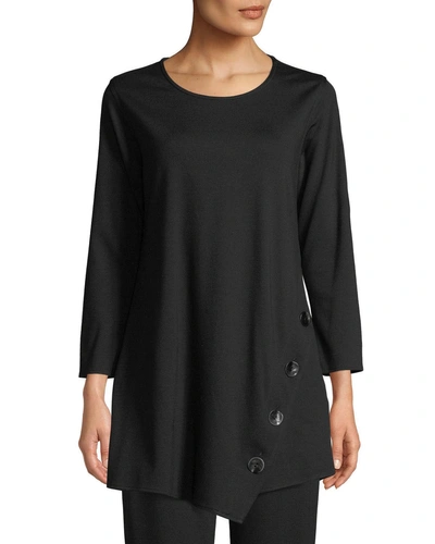 Caroline Rose 3/4-sleeve Easy-fit Ponte Luxe Tunic W/ Matte Metal Buttons, Plus Size In Black