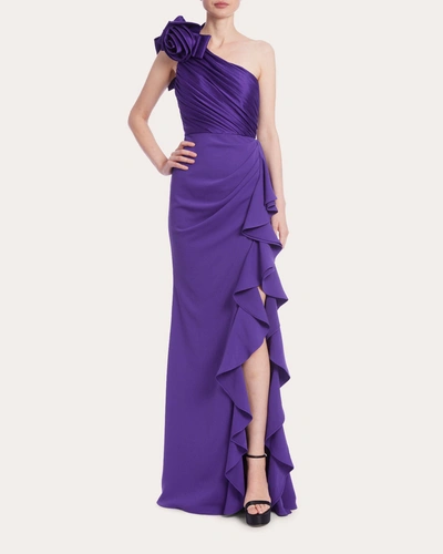 Badgley Mischka One Shoulder Rose Gown With Ruffled Bodice In Purple