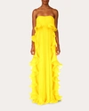 Badgley Mischka Pleated Strapless Dress With Side Ruffles In Yellow