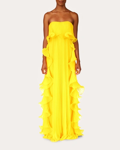 Badgley Mischka Pleated Strapless Dress With Side Ruffles In Yellow