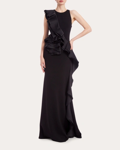 Badgley Mischka Sleeveless Column Gown With Mikado Ruffle Wrap-around In Black