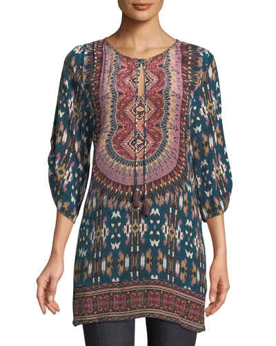 Tolani Plus Size Krisanne Tassel-neck Ruched-sleeve Batik-print Silk Tunic