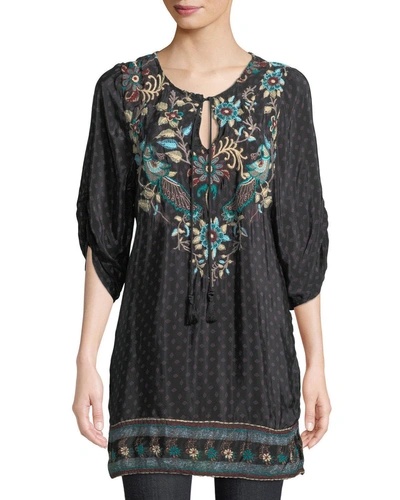Tolani Nicoli Tassel-tie Ruched-sleeve Printed Floral-embroidered Tunic Dress In Peacock