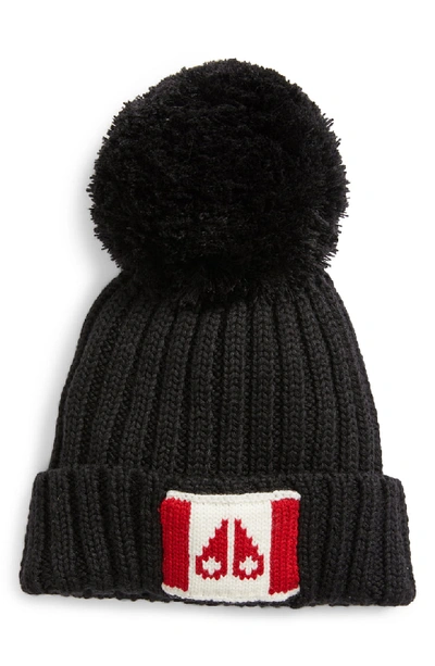 Moose Knuckles Canada Flag Beanie Hat W/ Pompom In Black/ White/ Red