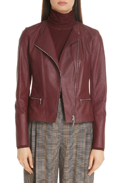 Lafayette 148 Plus Size Trista Zip-front Weathered Lambskin Leather Jacket W/ Jersey Combo In Vino