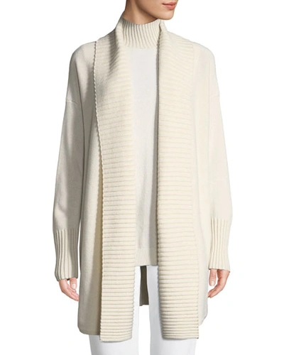 Lafayette 148 Vanise Long Ribbed-trim Cashmere Cardigan In Cloud/oatmeal