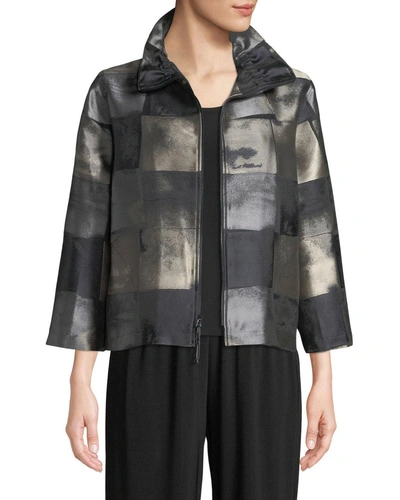 Caroline Rose Squaring Off Zip-front Graphic Jacquard Crop Jacket, Plus Size In Multi/black