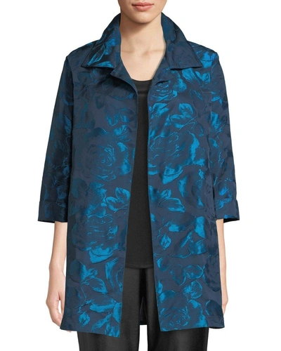 Caroline Rose Blue Becomes You Floral Jacquard Party Jacket, Plus Size In Turquoise/navy