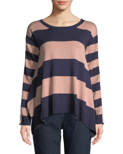 Joan Vass Long-sleeve Crewneck Relaxed Mixed-media Stripe Sweater In Dusty Rose/eclips