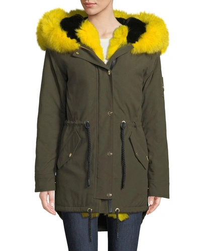 Moose Knuckles Stellar Long-sleeve Hooded Canvas Parka Jacket W/ Fur Trim In Green/yellow
