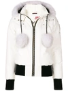 Moose Knuckles Debbie Long-sleeve Zip-front Bomber Jacket W/ Pompoms In White