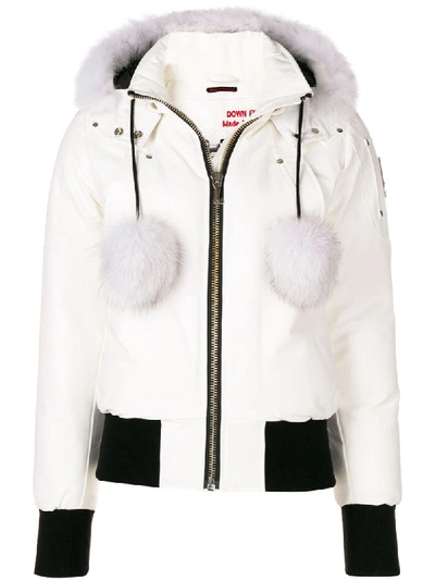 Moose Knuckles Debbie Long-sleeve Zip-front Bomber Jacket W/ Pompoms In White