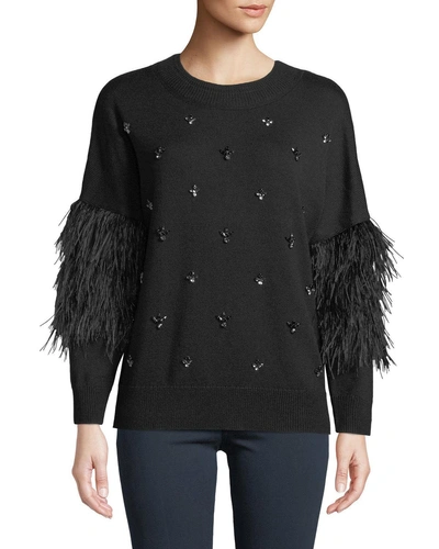 Kobi Halperin Maureen Embellished Crewneck Pullover Sweater W/ Ostrich Feathers In Black