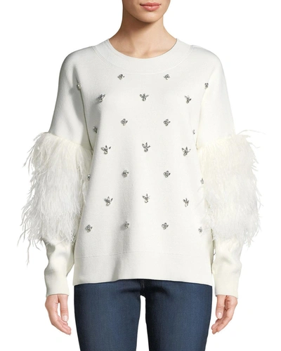 Kobi Halperin Maureen Embellished Crewneck Pullover Sweater W/ Ostrich Feathers In Ivory