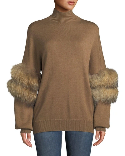 Kobi Halperin Elsa Turtleneck Sweater W/ Fur Sleeves In Camel