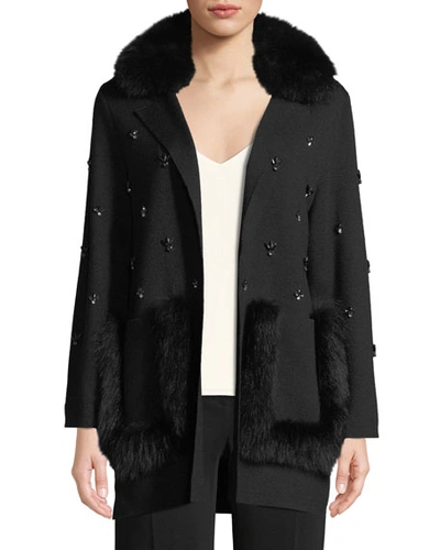 Kobi Halperin Chrissie Fur-trimmed Embellished Cardigan In Black