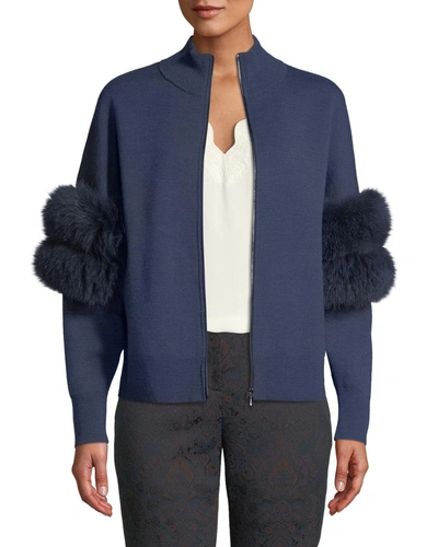 Kobi Halperin Annie Zip-front Cardigan Sweater With Fox-fur Sleeves In Blue Melange