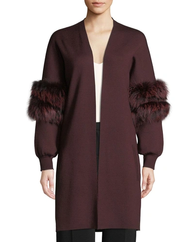 Kobi Halperin Joanna Long Cardigan Sweater With Fur Trim In Maroon