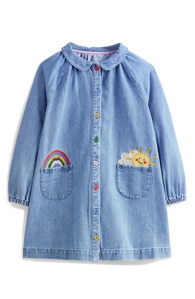 Mini Boden Kids' Appliqué Long Sleeve Denim Shirtdress In Mid Vintage Denim Weather