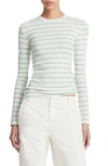 Vince Women's Striped Cotton-blend Crewneck Long-sleeve T-shirt In Parakeet Combo