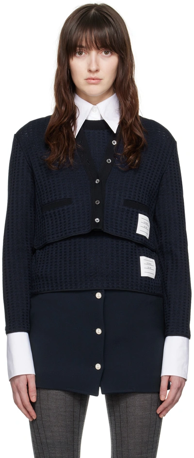 Thom Browne Checkered Jacquard Cropped Cardigan In Blue