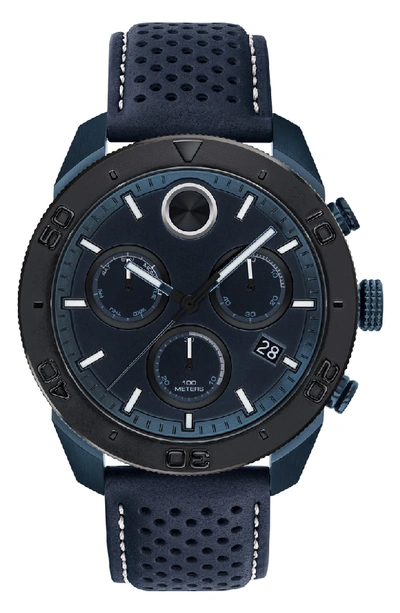 Movado Bold Sport Chronograph Leather Strap Watch, 44mm In Navy Blue/ Black