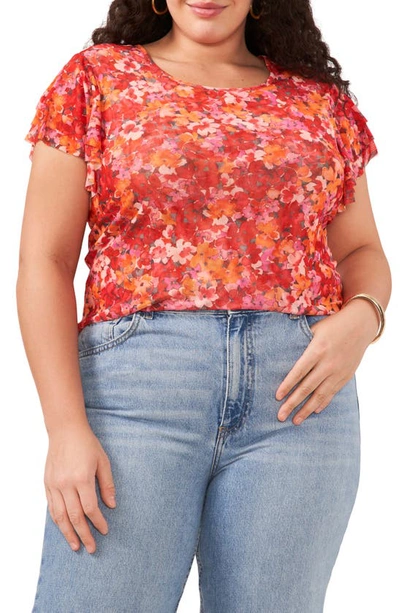 Vince Camuto Floral Flutter Sleeve Mesh T-shirt In Tulip Red