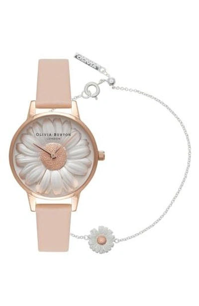 Olivia Burton 3d Daisy Leather Strap Watch & Bracelet Set, 30mm In Nude/ Flower/ Rose Gold