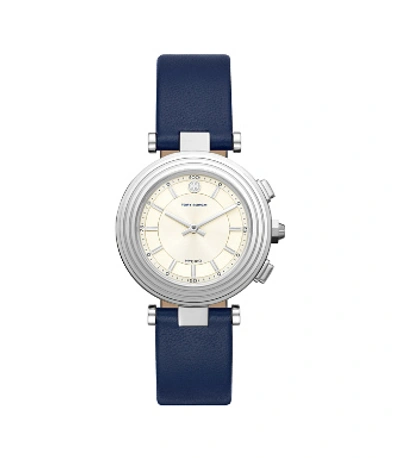 Tory Burch Classic T Hybrid Smartwatch, Stainless Steel/cream 36 X 46 Mm In Blue/ White Silver