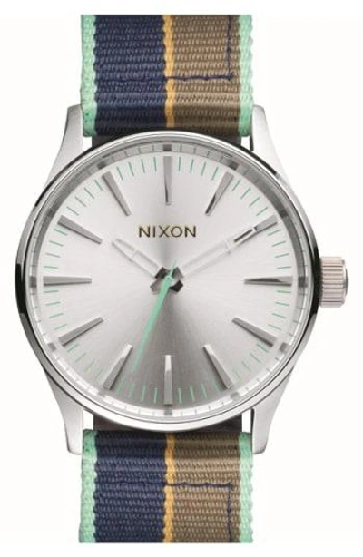 Nixon 'sentry' Stripe Canvas Strap Watch, 38mm In Navy/ Brown/ Silver