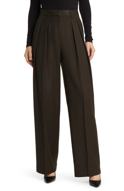 Theory Pleated Straight Leg Wool Pants In Dark Thyme - Zga