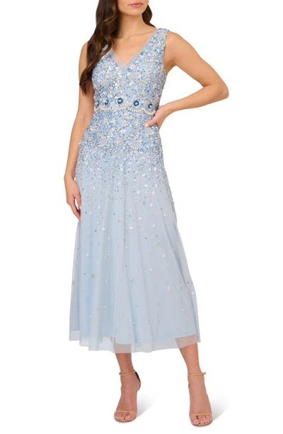 Adrianna Papell Womens Mesh Embellished Midi Dress In Elegant Sky