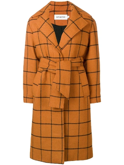 Self-portrait Self Portrait Long Checked Coat In Tan