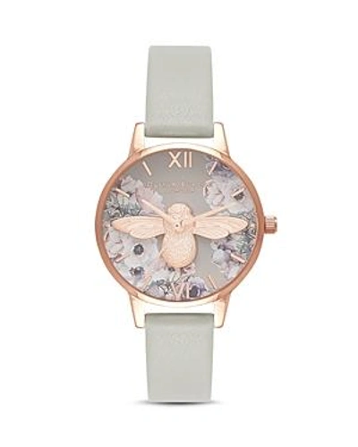 Olivia Burton Watercolour Leather Strap Watch, 30mm In Grey/ Bee/ Rose Gold