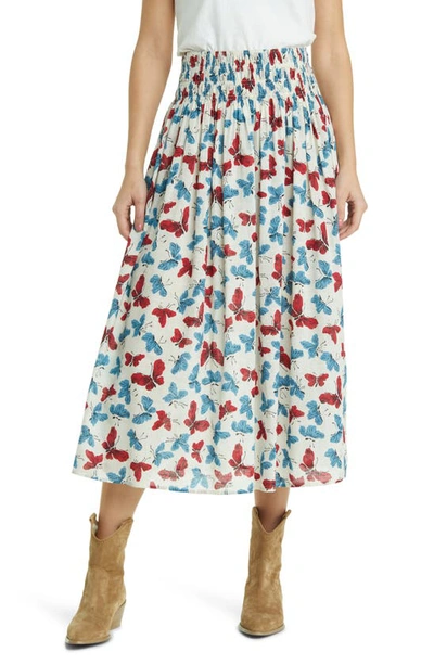 The Great The Viola Butterfly Smocked Waist Cotton Midi Skirt In Butterfly Floral