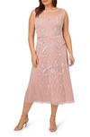 Adrianna Papell Sequin Beaded Illusion Mesh Midi Dress In Dusted Petal,ivory