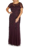 Adrianna Papell Beaded Floral Godet Gown In Night Plum