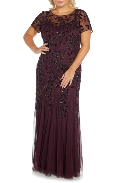Adrianna Papell Beaded Floral Godet Gown In Night Plum