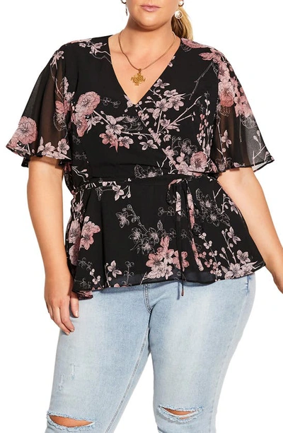 City Chic Blossom Love Floral Faux Wrap Blouse In Black Bold Blsm