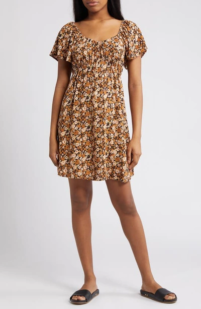 Rip Curl Sea Of Dreams Floral Flutter Sleeve Minidress In Brown