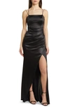 Emerald Sundae Ruched Crossback Satin Gown In Black