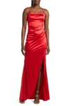 Emerald Sundae Ruched Crossback Satin Gown In Red