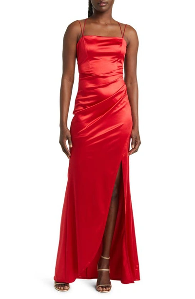 Emerald Sundae Ruched Crossback Satin Gown In Red