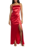 Emerald Sundae Ruched Satin Gown In Red