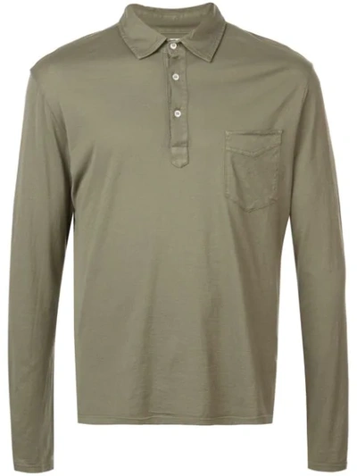 Officine Generale Three-button Long Sleeve Cotton Polo In Green