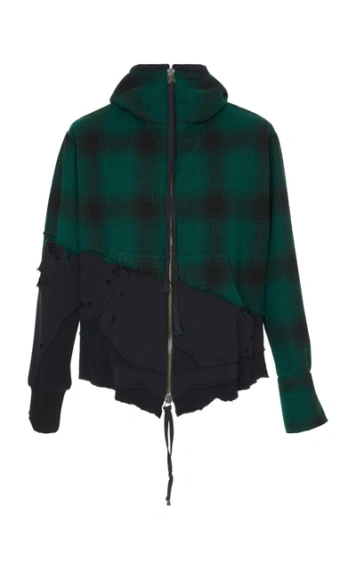 Greg Lauren Distressed Plaid Wool And Cotton-jersey Hooded Track Jacket