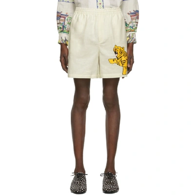 Bode Embroidered Linen Rugby Shorts In Ecru