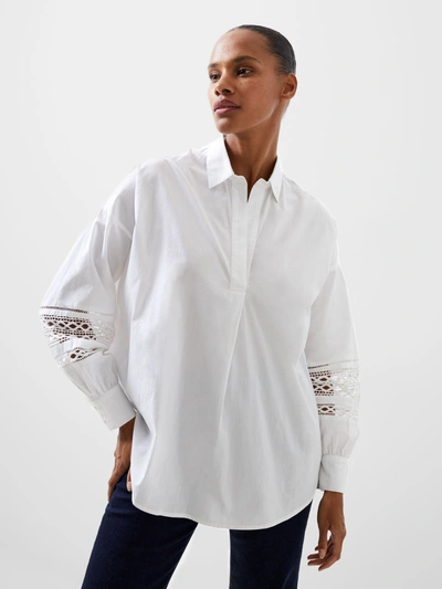 French Connection Rhodes Embroidered Long Sleeve Popover Shirt Linen White